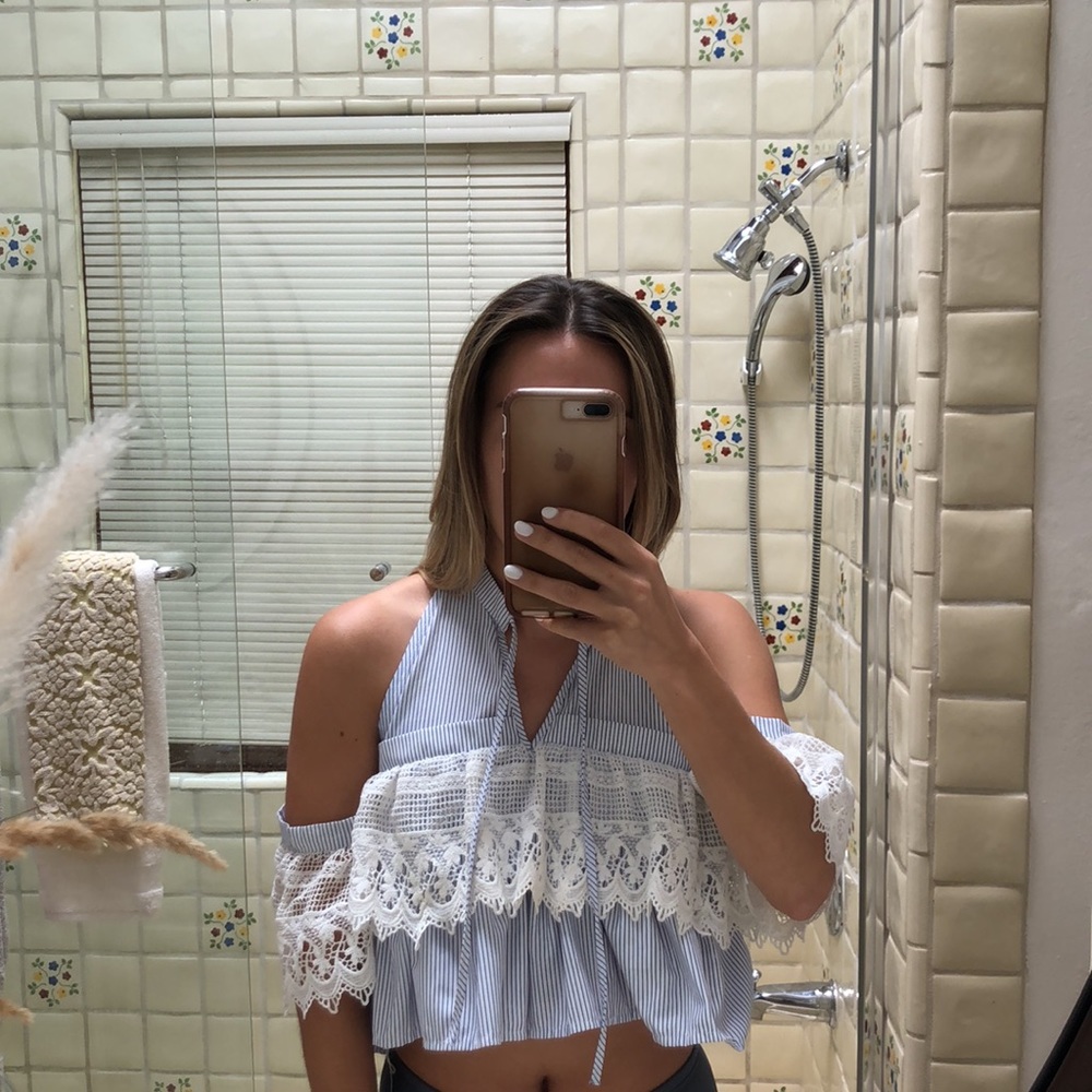 Light blue and white crop top with sleeves